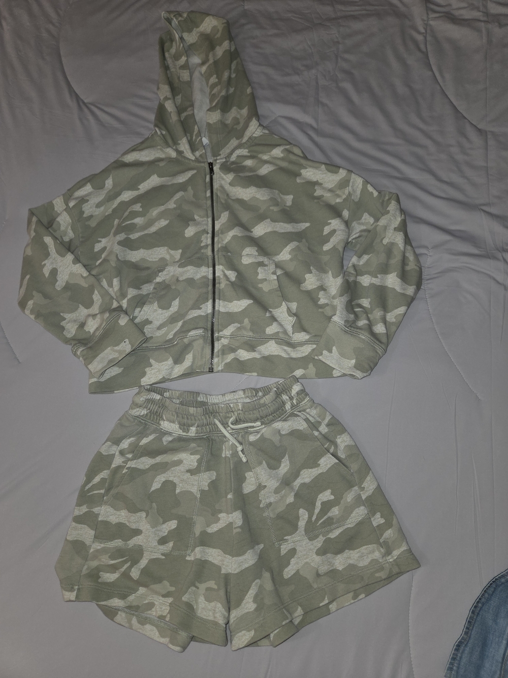 Old Navy Sage Green and Beige Camo Hoodie & Shorts Set
